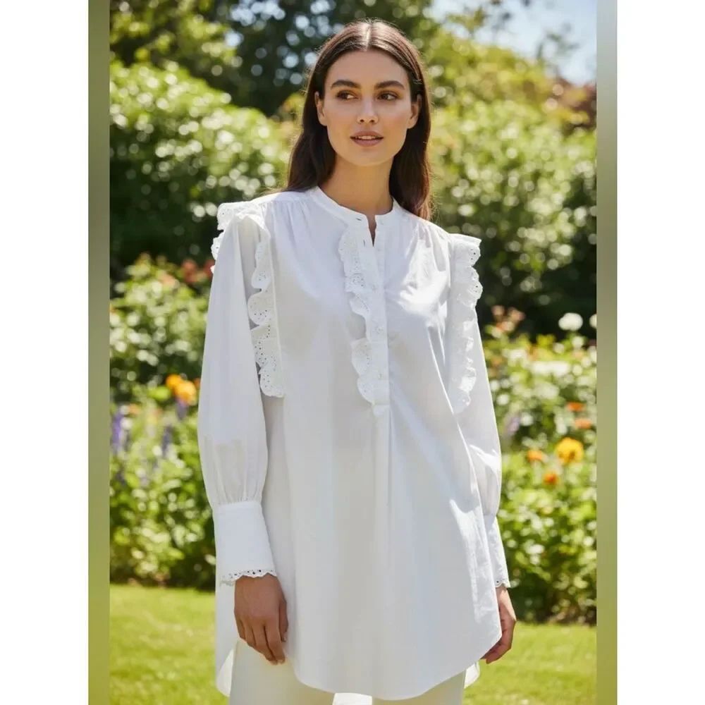 Isabel Marant Etoile Orsenia White Ruffled  Poplin Mini Shirt Dress/Tunic Sz L